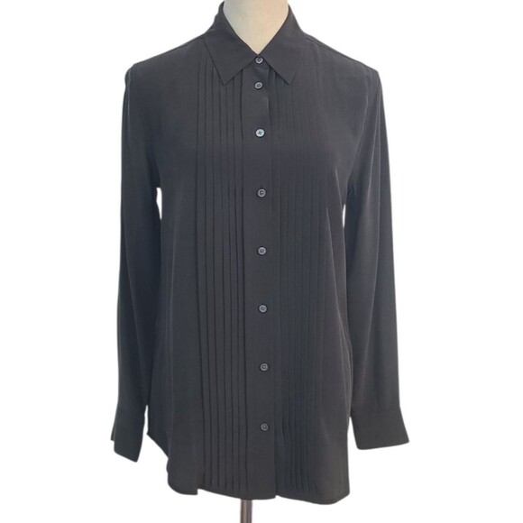 Equipment Femme XS 100% Silk Black Pintuck Button Down Blouse Top Soft Signature - Picture 1 of 10